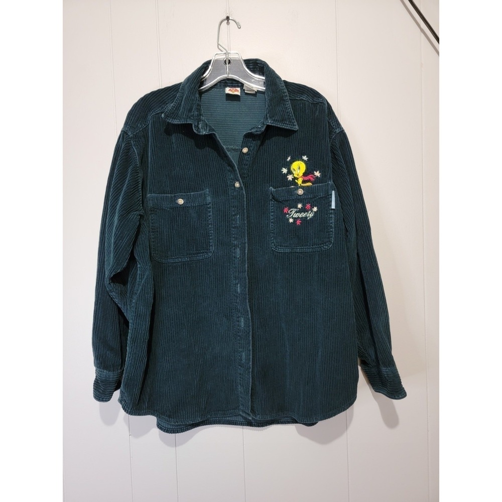 Vintage Looney Tunes Tweety Bird Corduroy Shirt Dark Green Button Down Large